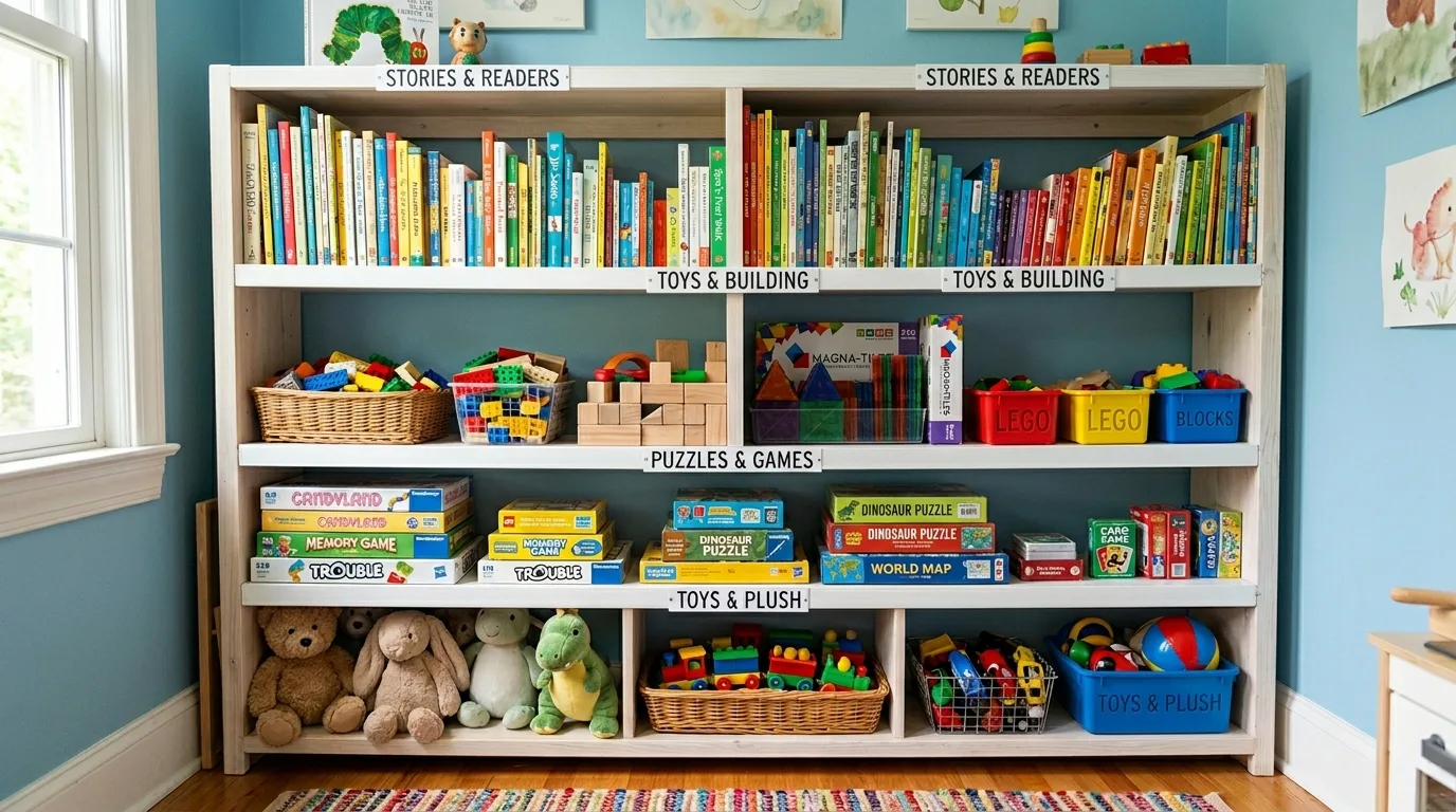 Bookshelf storing books and toys in a kids room